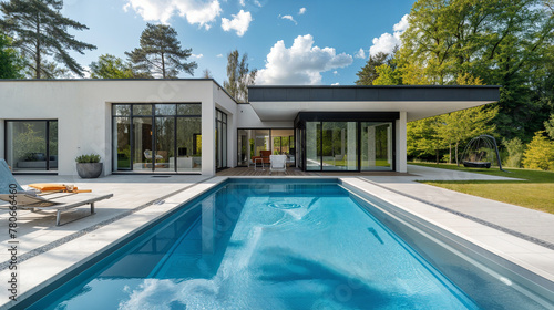 Exterior modern luxury villa with pool and garden, nobody inside © petrrgoskov