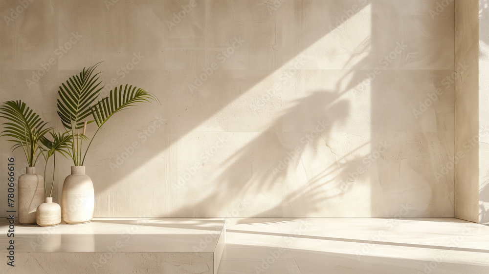 Modern beige Interior with geometrical sunlight, shadows and natural decor. Empty wall mockup Generative AI Modern beige Interior with geometrical sunlight, shadows and natural decor. Empty wall mockup Generative AI