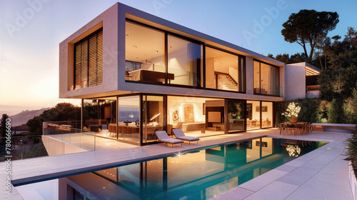 Exterior modern luxury villa with pool and garden, nobody inside
