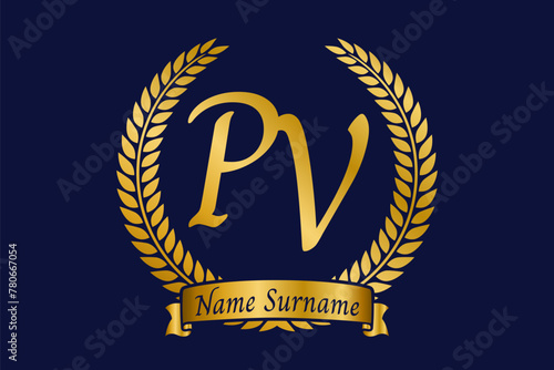 Initial letter P and V, PV monogram logo design with laurel wreath. Luxury golden calligraphy font.