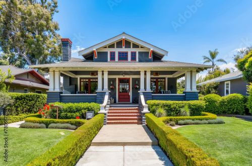 A classic American home with white walls, black shutters and gray roof surrounded by lush green grass on the front lawn © Kien
