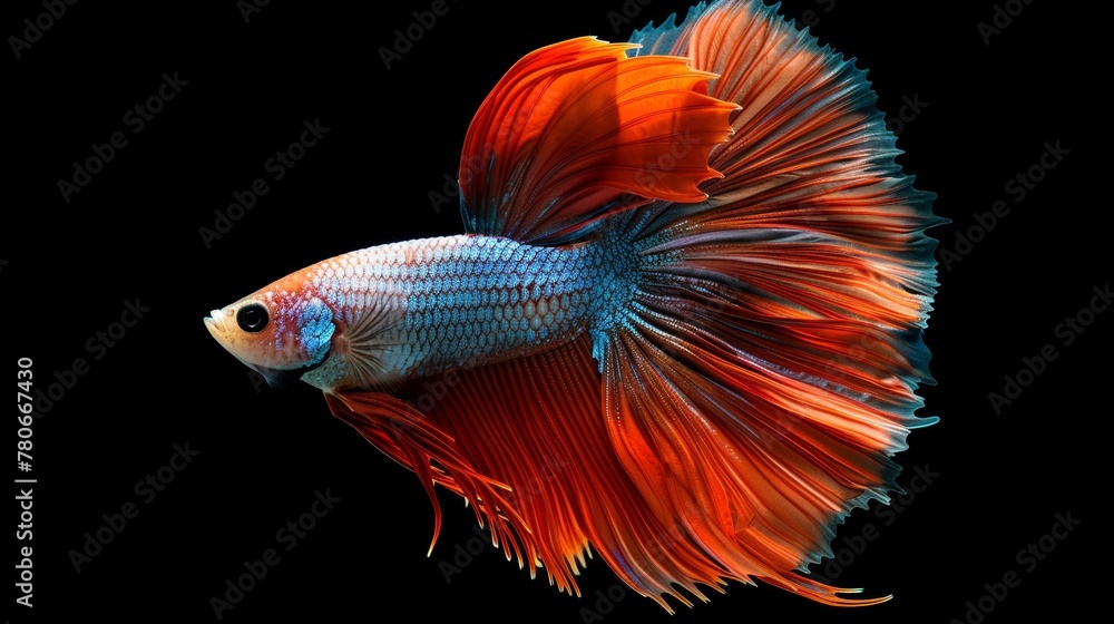 Close-up of a Betta fish mid-twirl, its colors and fins creating a mesmerizing aquatic ballet Close-up of a Betta fish mid-twirl, its colors and fins creating a mesmerizing aquatic ballet