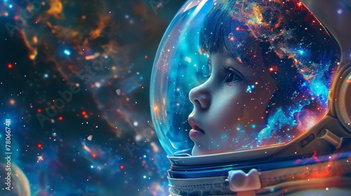 Dreamy close-up of a little girl astronaut, vibrant galaxies mirrored in her visor, starry void beyond