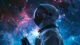 Astronaut with epee against a backdrop of stars, portrait where fencing meets space exploration, lights alive