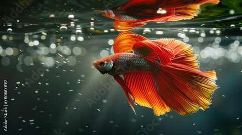 Artistic capture of a betta's motion, red and yellow Halfmoon fancy variety, in a mesmerizing aquatic ballet