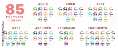 This image is a set of 85 icons related to different file types and multimedia formats in a flat style. Audio, Video, Text, Image, Archives, Programs, Documents.
