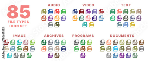 This image is a set of 85 icons related to different file types and multimedia formats in a flat style. Audio, Video, Text, Image, Archives, Programs, Documents.