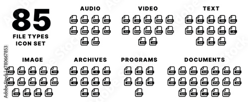 This image is a set of 85 icons related to different file types and multimedia formats in a flat style. Audio, Video, Text, Image, Archives, Programs, Documents.