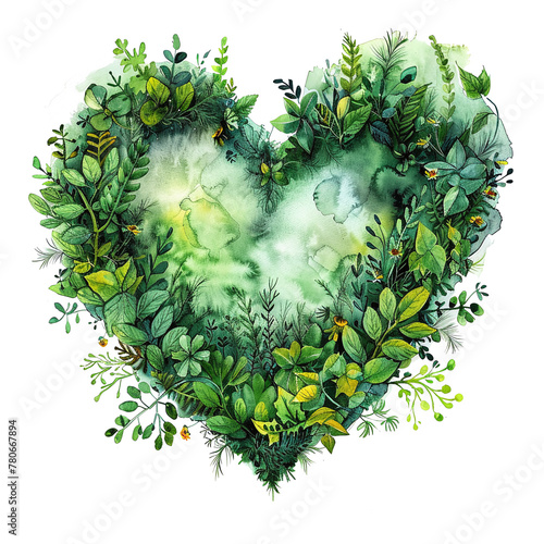 watercolor painting with green jungle leaves in heart shape isolated against transparent background photo