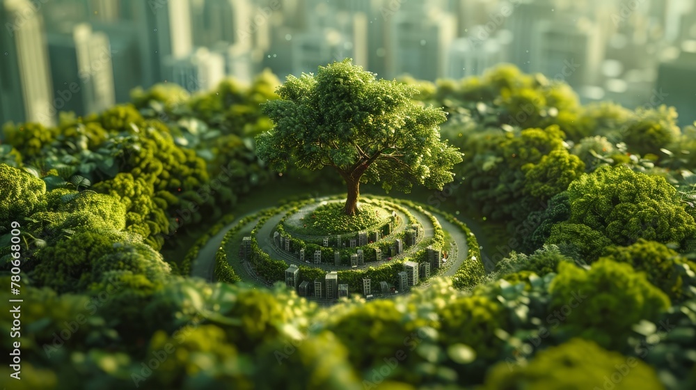 An enchanting depiction of a spiral green world inside an eggshell, resembling a cityscape
