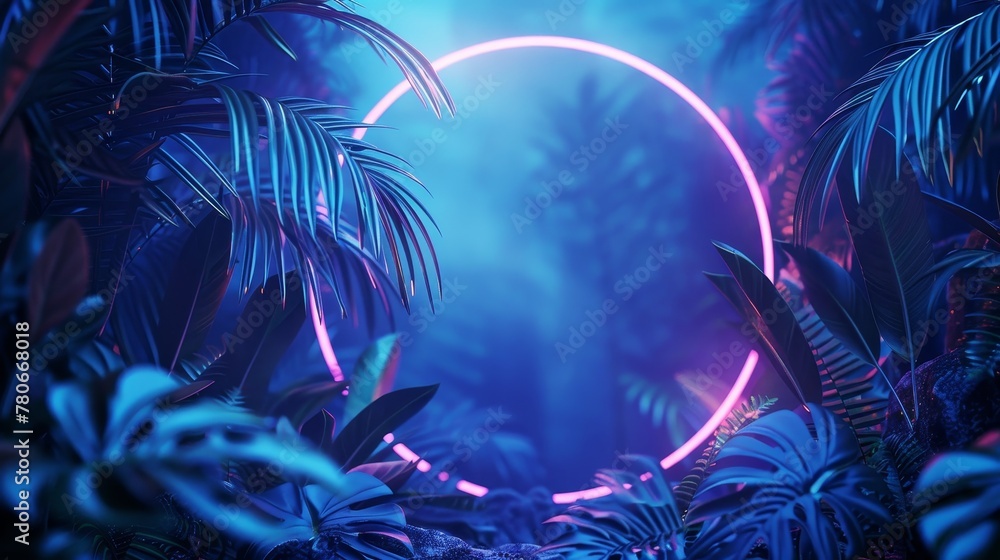 Fototapeta premium An enchanting neon circle with tropical leaves, casting a glow in the dark, blue jungle