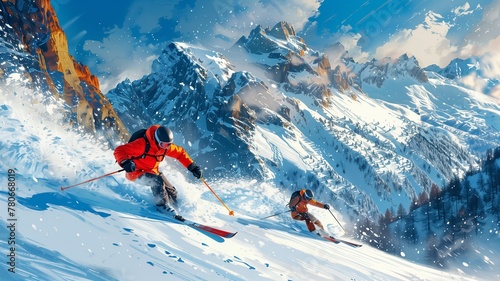 Skier skiing downhill in high mountains during sunny day. Extreme sport.