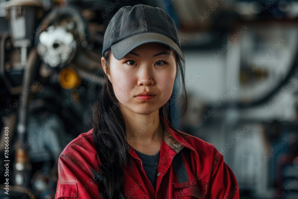 Portrait of a young female automotive mechanic Portrait of a young female automotive mechanic