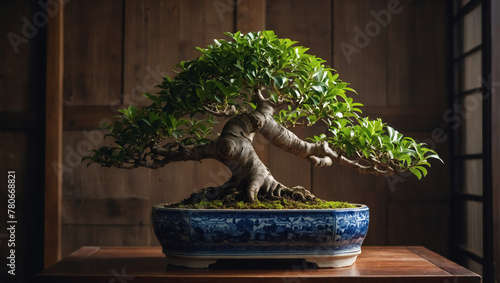 A bonsai ficus tree, meticulously pruned and trained, displayed in a traditional ceramic bonsai pot.