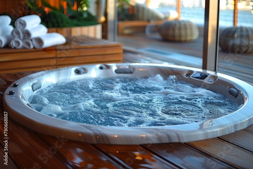 A stylish jacuzzi setup on a wooden deck with fresh towels and a panoramic view of the waterfront at golden hour