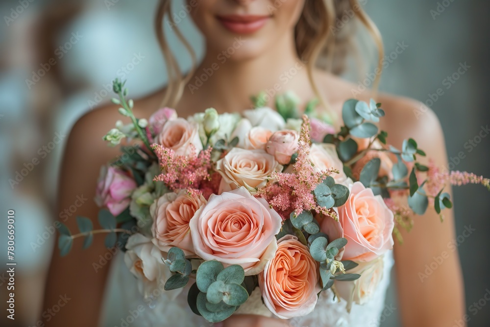 Naklejka premium close up wedding posy bouquet holding by gorgeous bride in pretty gown , wedding ceremony theme concept, Generative Ai