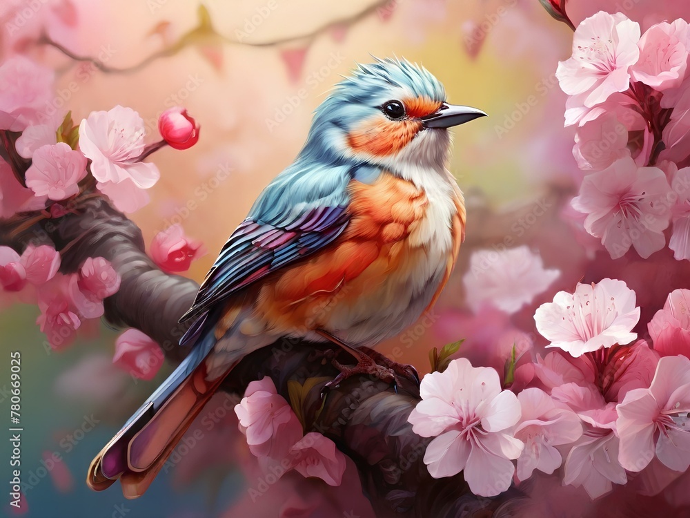 Vibrant Songbird: A Burst of Color Amidst Cherry Blossoms in Serene Harmony






