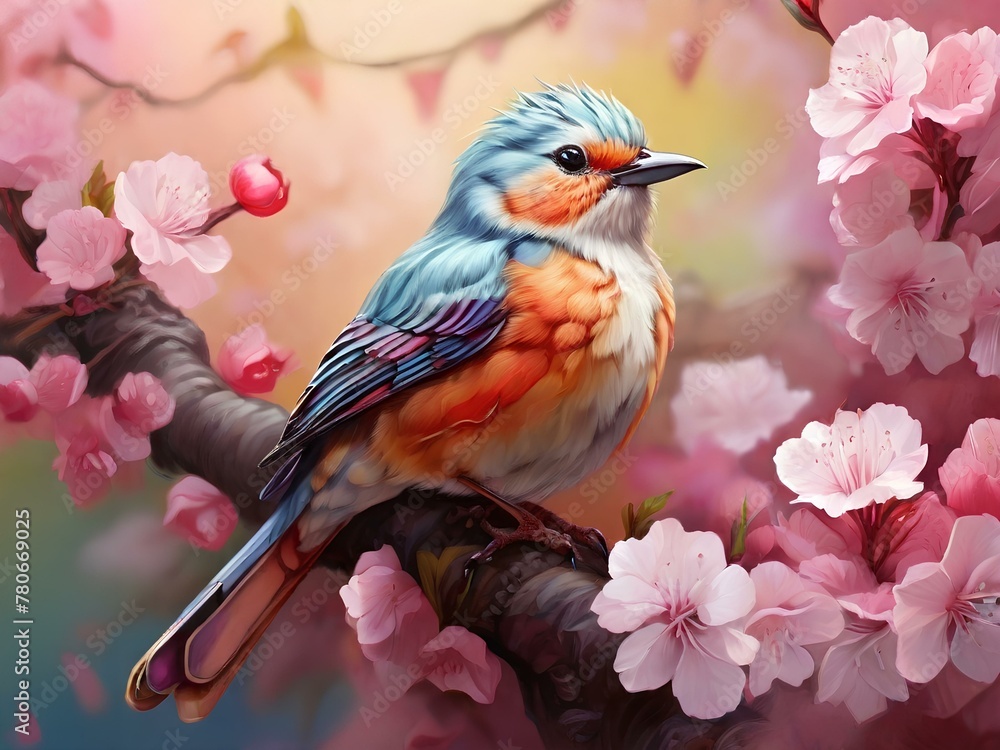 Vibrant Songbird: A Burst of Color Amidst Cherry Blossoms in Serene Harmony
Vibrant Songbird: A Burst of Color Amidst Cherry Blossoms in Serene Harmony