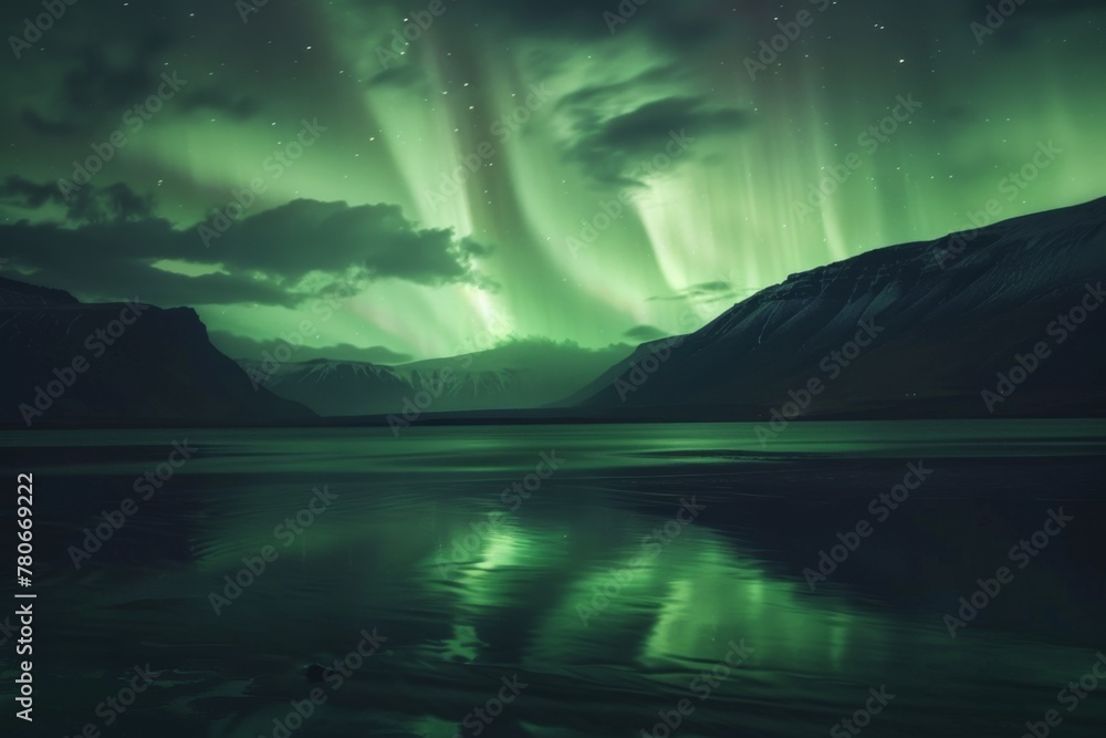 KS Beautiful northern lights over a lake with reflection