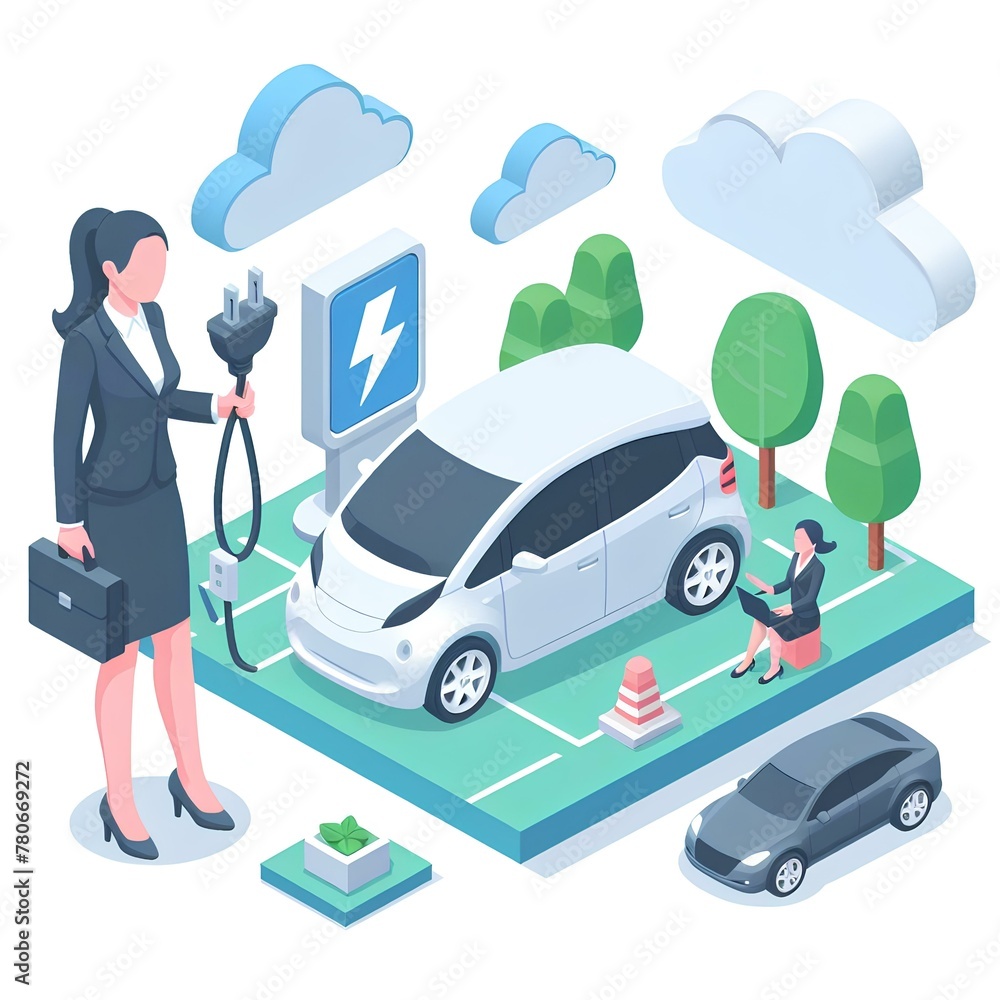 isometric design of businesswoman and electric vehicle isometric design of businesswoman and electric vehicle
