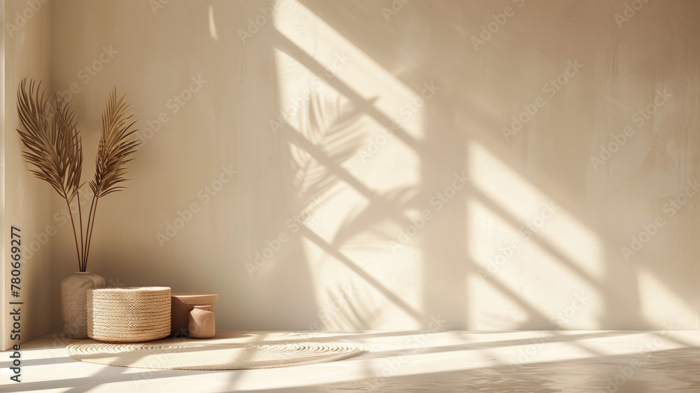 Modern beige Interior with geometrical sunlight, shadows and natural decor. Empty wall mockup Generative AI