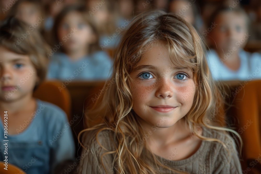 Young girl with striking blue eyes and messy hair attentively sitting in an audience Young girl with striking blue eyes and messy hair attentively sitting in an audience