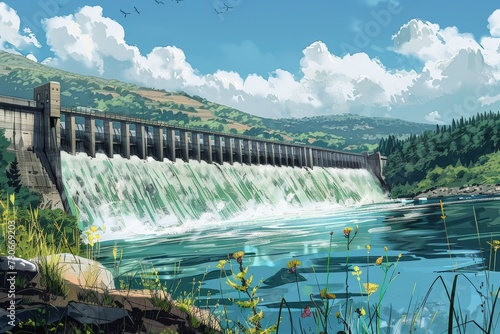 Illustration of majestic dam generating hydropower, Wide dam overflowing, lush hills in distance. Crystal clear water gushes down, sunny backdrop with soaring birds adds vitality to tranquil landscape