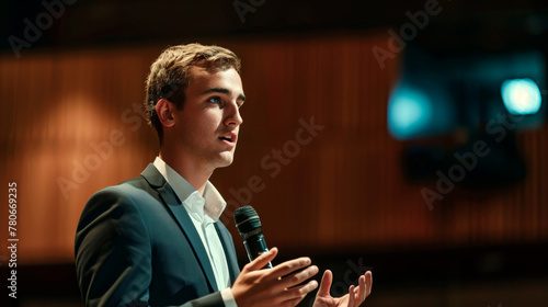 The speaker is a young businessman in a business suit and a white shirt, speaking on stage in front of the hall.