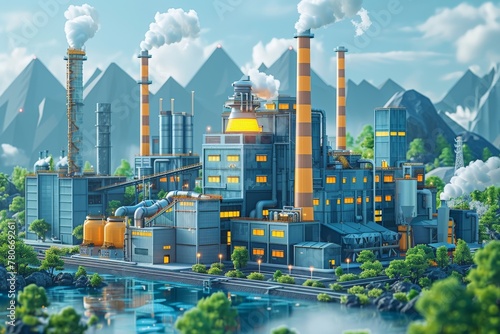 Illustration of eco-friendly factory using hydrogen energy for production, Vibrant industrial scene, with orange hues highlighting  facility's structures, nestled among green foliage and calm waters photo