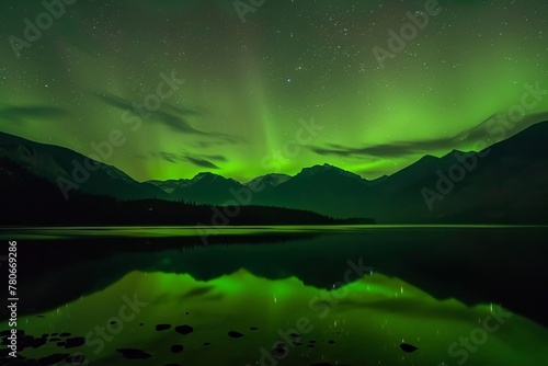 KS Beautiful northern lights over a lake with reflection