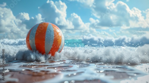 Beach ball 3d handmade style floating in the waves, colorful