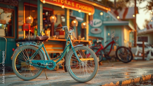 Beach cruiser 3d handmade style parked near a concession stand, colorful photo