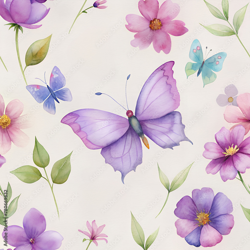 Fototapeta premium Seamless pattern with colorful blooms and butterflies 12