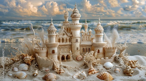 Sandcastle 3d handmade style adorned with seashells and seaweed, colorful