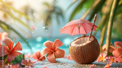 Fototapeta Naklejka Na Ścianę i Meble -  Coconut drink 3d clay style with a straw and umbrella
