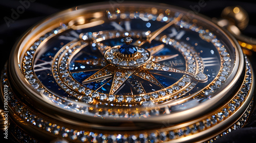 a close-up of a gold compass with a circular design, encrusted with diamonds.