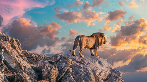 Leão no topo de uma montanha ao por do sol rosa © Vitor