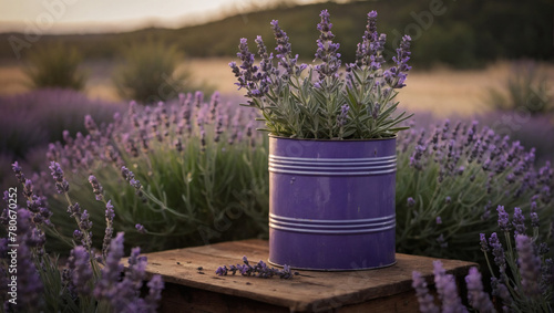 A lavender plant  with its fragrant purple flowers  adding a touch of color to a vintage tin container.