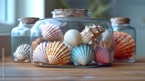 Seashell 3d handmade style collection displayed in a glass jar  colorful