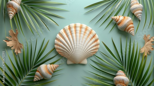Seashell 3d handmade style framed by palm fronds, colorful