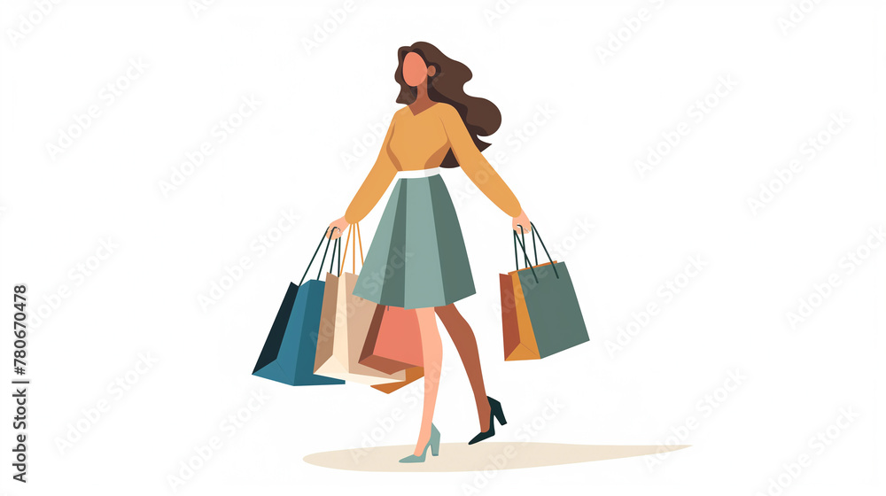 Mulher segurando sacolas de compras no fundo branco - Ilustração