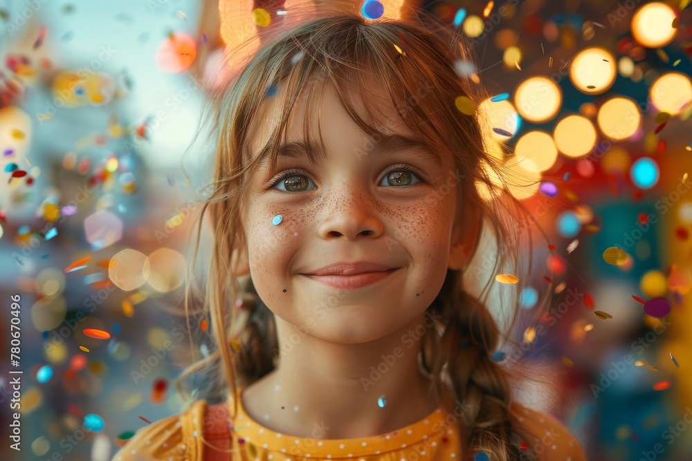 Smiling young girl with face sprinkled with confetti expressing joy and festivity