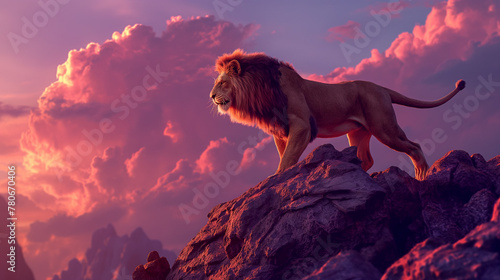 Leão no topo de uma montanha ao por do sol rosa 