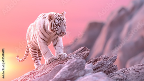 Filhote de tigre albino no topo de uma montanha ao por do sol rosa