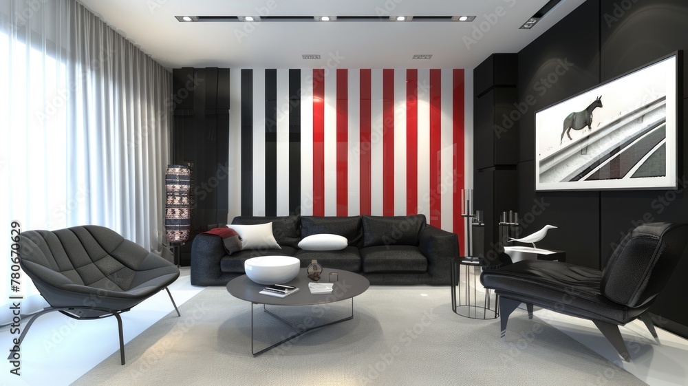 modern living room with one accent wall with bold vertical stripes in ...