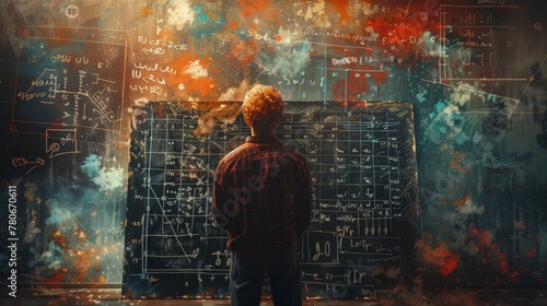 A young man stands in front of a huge blackboard covered with mathematical formulas,
