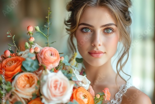Close up bride with wedding flower posy bouquet, wedding ceremony theme concept, Generative Ai