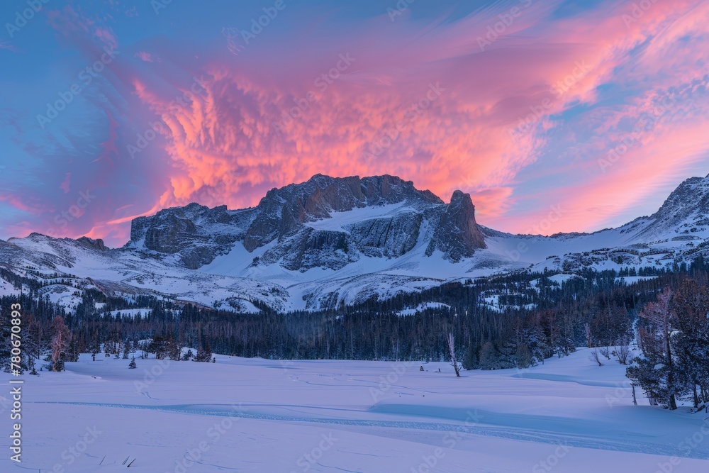 Breathtaking landscape of the Rocky Mountains at sunrise, Crimson and gold twilight skies embrace snowy mountain backdrop, with frosted trees in the foreground lending a serene winter stillness.