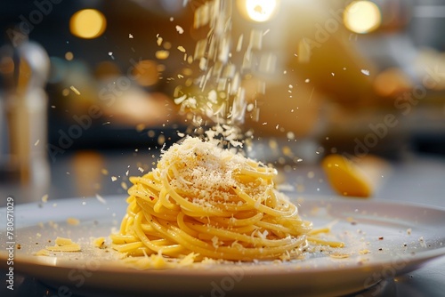 Carbonara, Parmesan sprinkle, golden hour, side shot, gourmet, velvety texture , 8K Ultra HD photo