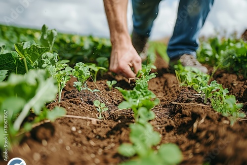 Home gardening, Farmer tending to vegetable crops in field. Hands close to soil, connotes hard work, dedication to growth. Green leaves, brown earth, underscore agriculture, sustainability.